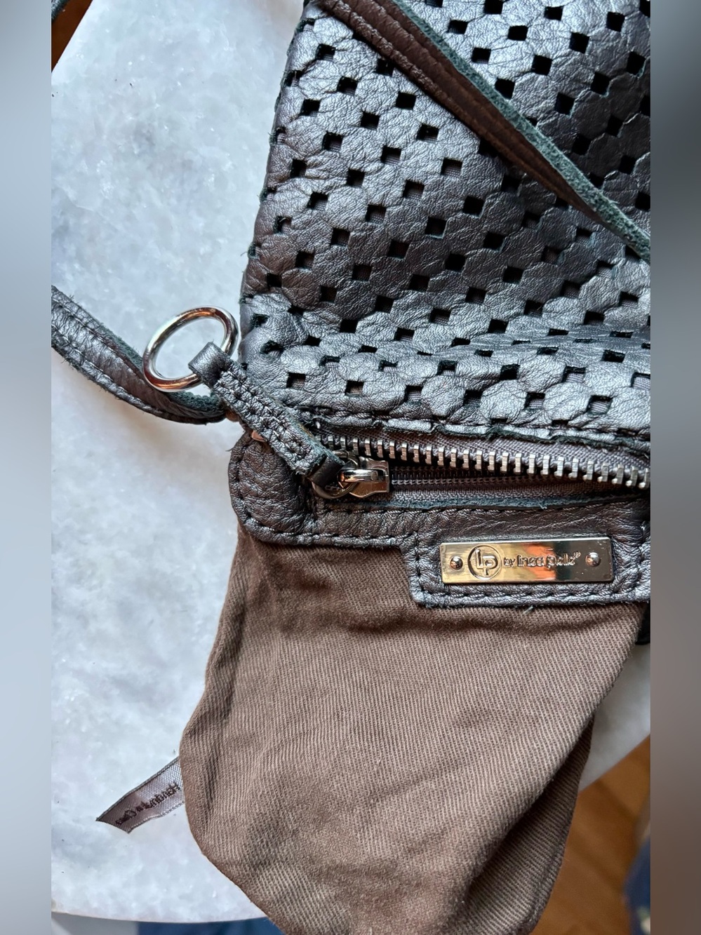 Linea Pelle Teal Perforated Leather Crossbody Bag - Picture 4 of 10